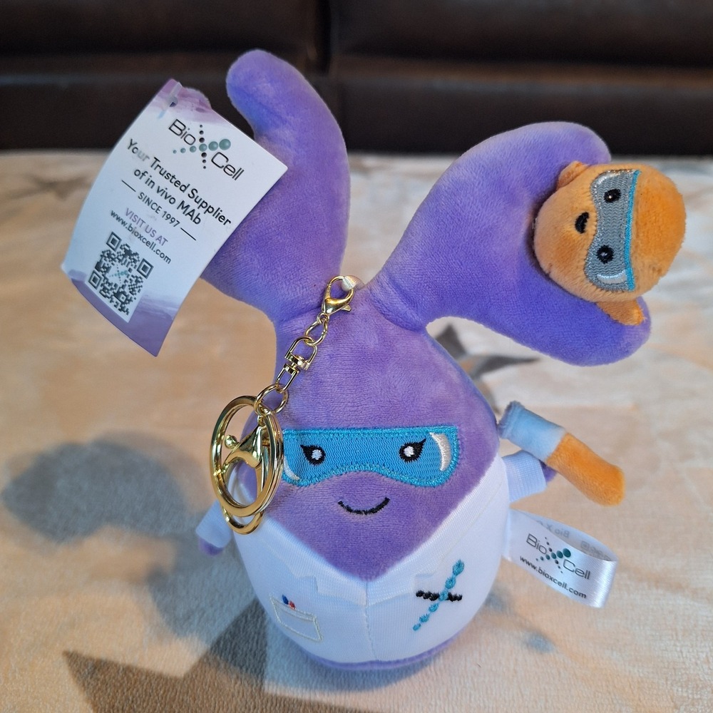 Bio X Cell Purple Y-Shaped Antibody Keychain Plush Advertisement Lab Coat